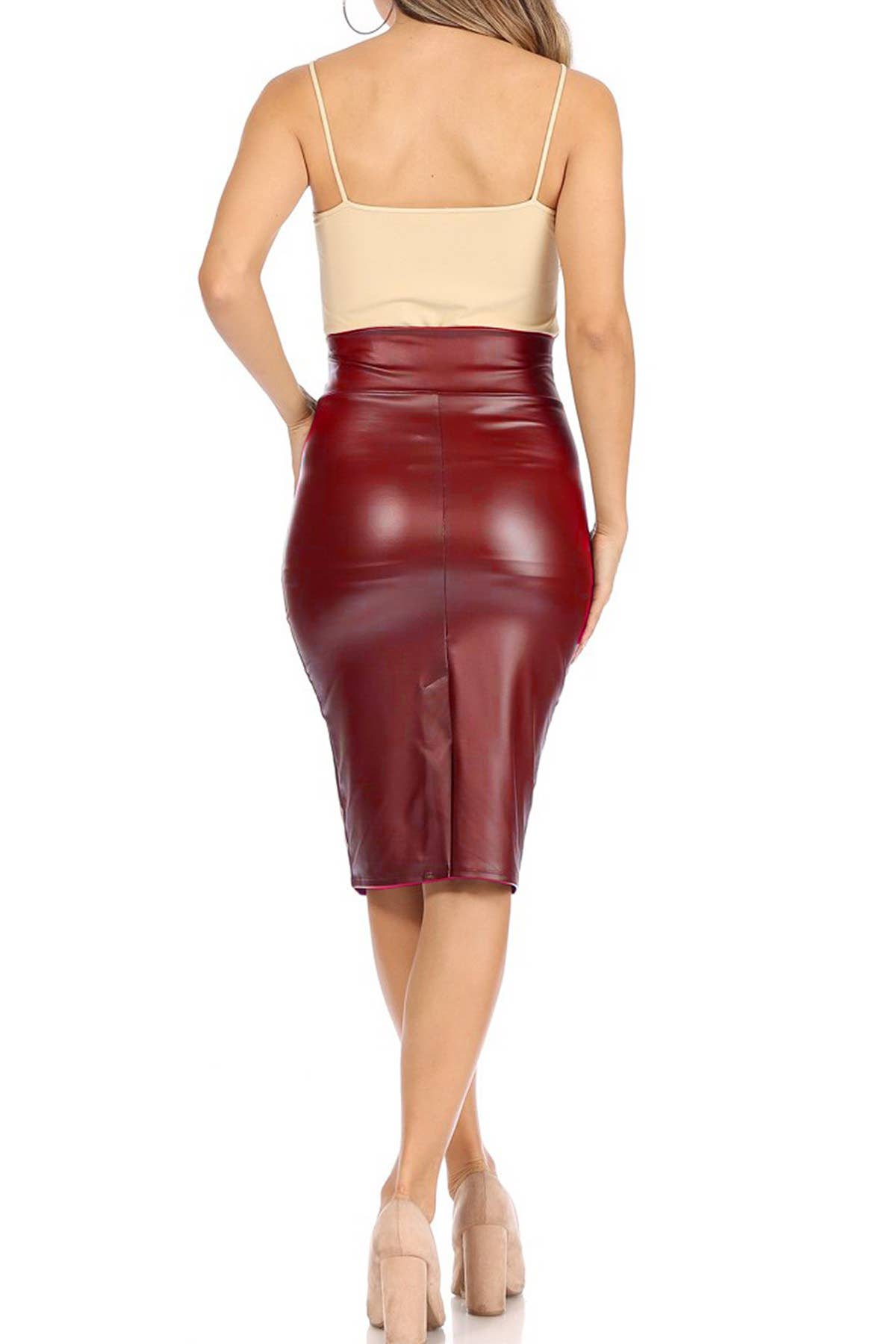 MOA COLLECTION - Women's Fitted Faux Leather Knee Length Bodycon Pencil Skirt: Large / Black