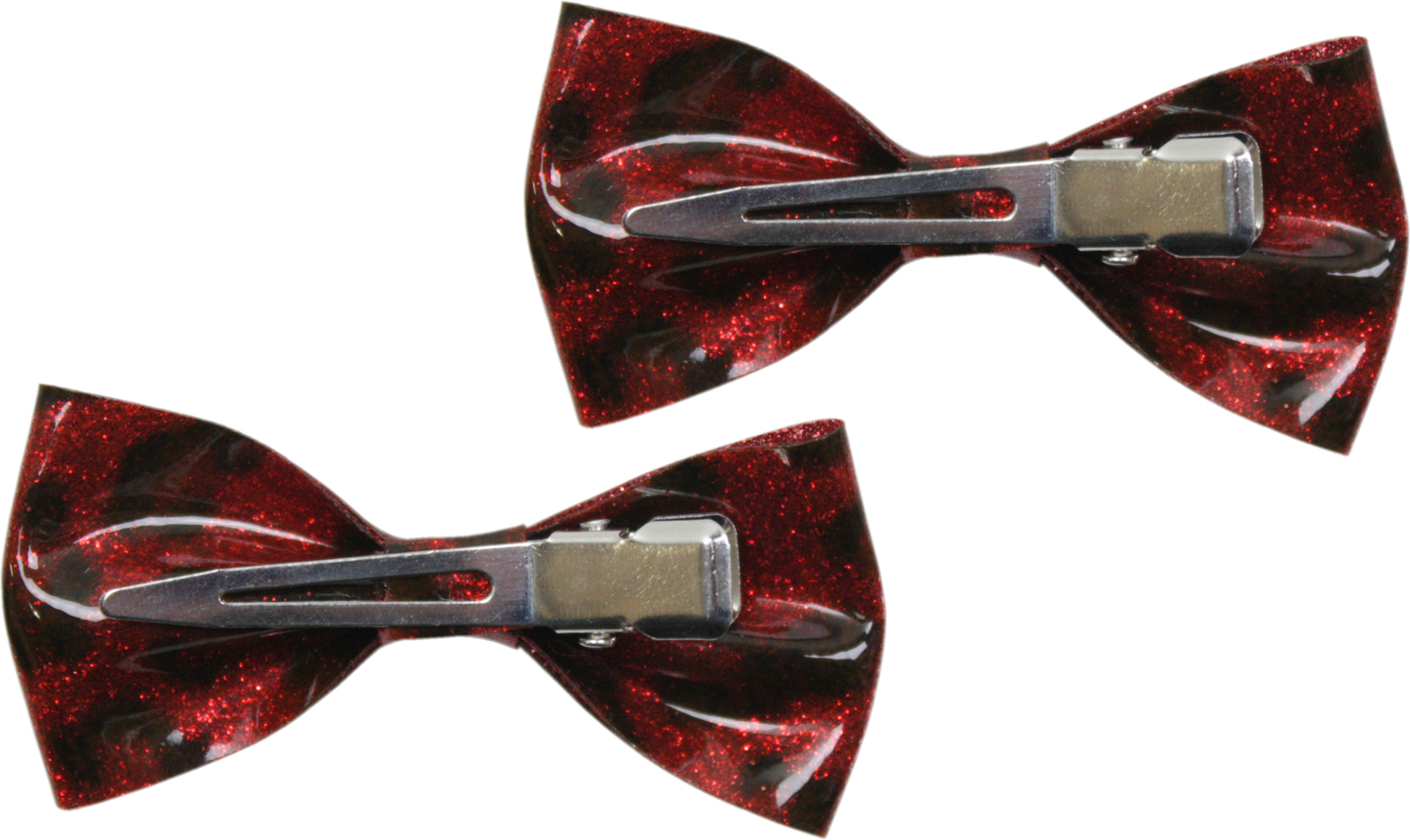 Square Deal Recordings & Supplies - Hair Clips - Sourpuss -  Red Leopard Glitter Bows - Set Of 2