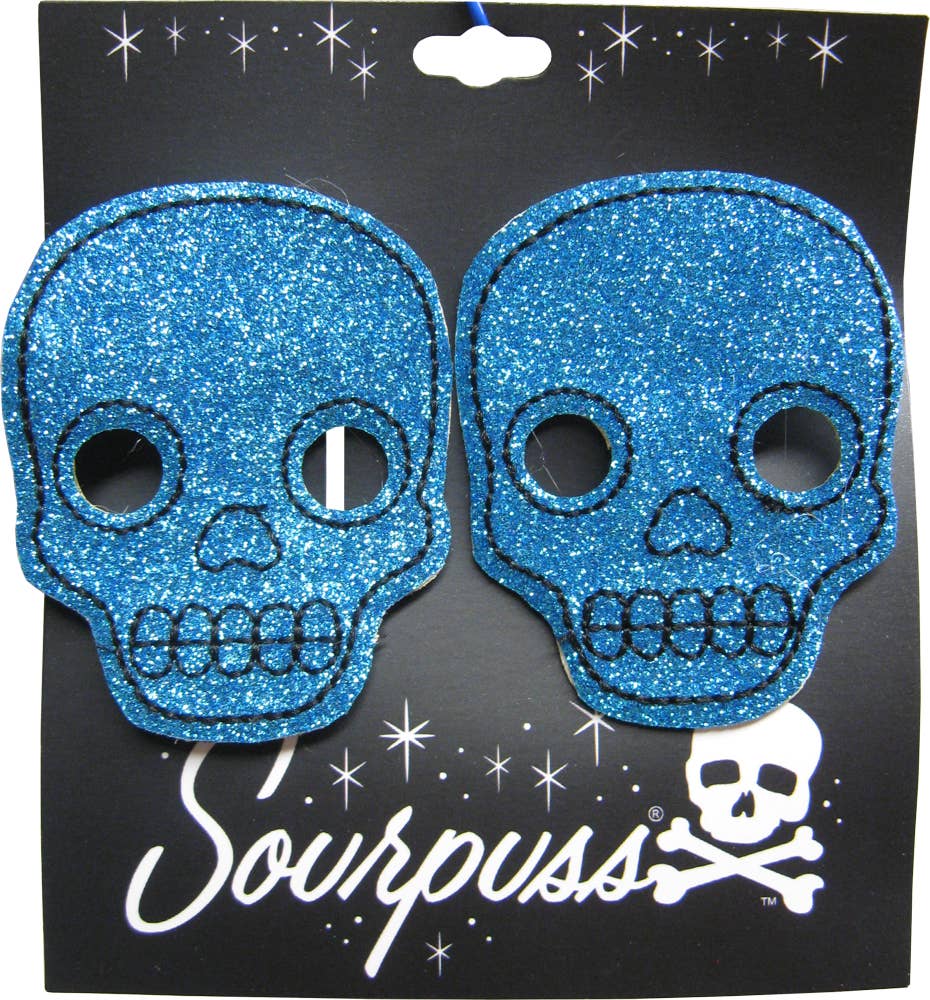 Square Deal Recordings & Supplies - Hair Clips - Sourpuss -  Aqua Blue Glitter Skull - Set Of 2