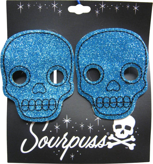 Square Deal Recordings & Supplies - Hair Clips - Sourpuss -  Aqua Blue Glitter Skull - Set Of 2