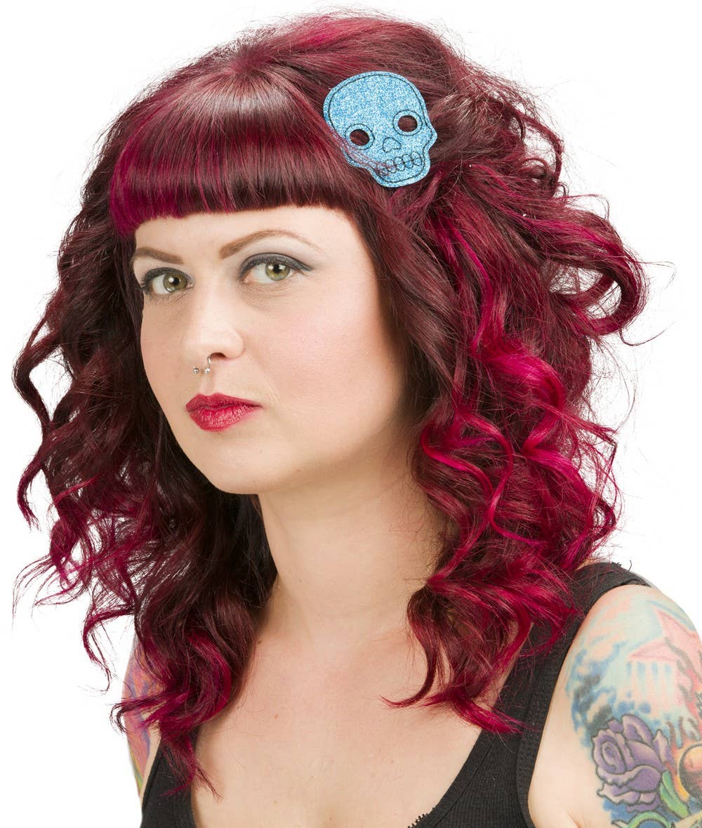 Square Deal Recordings & Supplies - Hair Clips - Sourpuss -  Aqua Blue Glitter Skull - Set Of 2