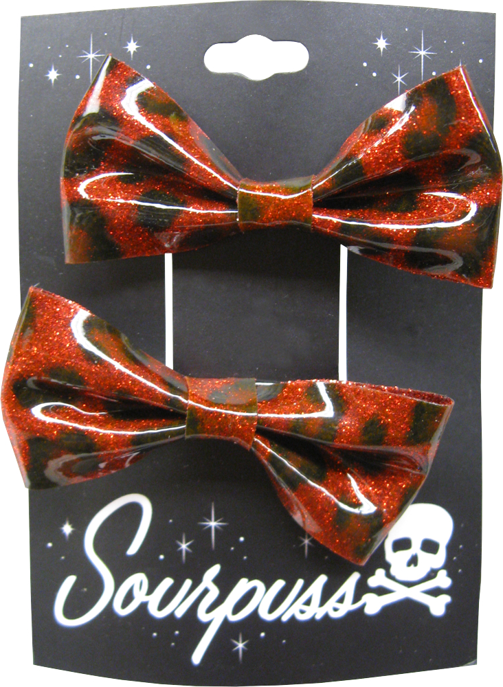 Square Deal Recordings & Supplies - Hair Clips - Sourpuss -  Red Leopard Glitter Bows - Set Of 2