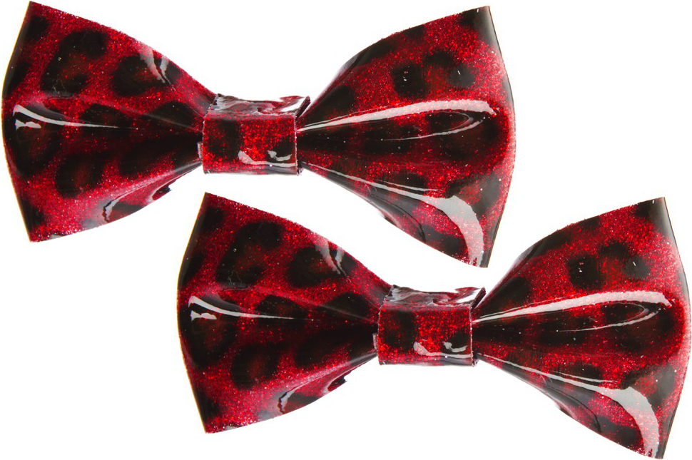 Square Deal Recordings & Supplies - Hair Clips - Sourpuss -  Red Leopard Glitter Bows - Set Of 2